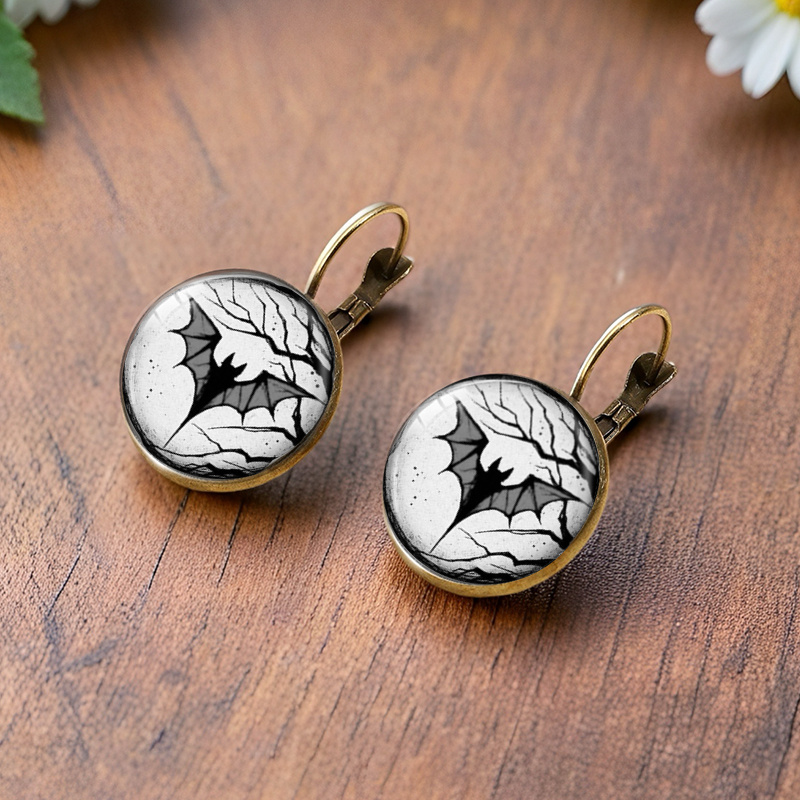Halloween Branch Bats Illustrated Glass Round Earrings